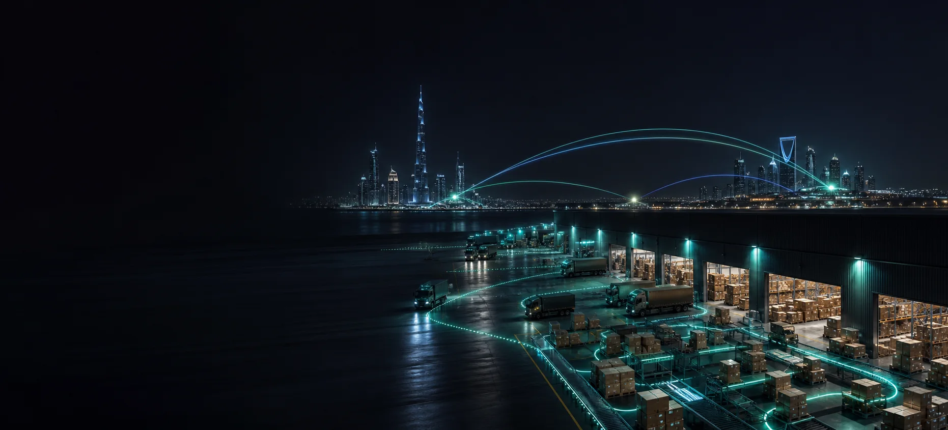 Modern Gulf warehouse operation connected across regional commerce hubs